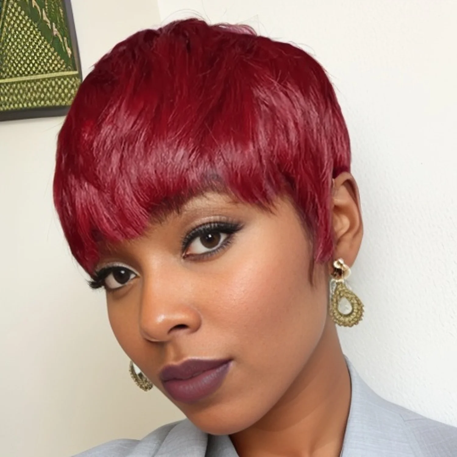 앞머리가 있는 세련된 픽시 가발 전체 기계 제작 브라질 스트레이트 인모