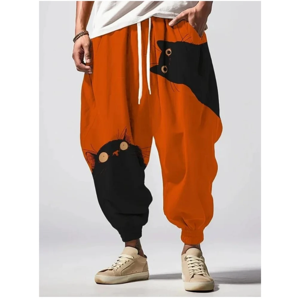 Men's Orange Pants Ropa Hombre Sweatpants 2025 Loose Drawstring Waist Black Cat Printed Harem Long Trousers Casual Sportswear
