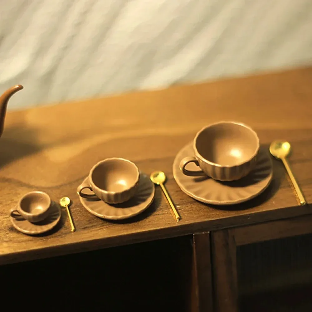 1/12 Dollhouse Accessories Miniature Coffee Cup Saucer Spoon Set Mini Tet Set Model Toy for Doll House Decoration