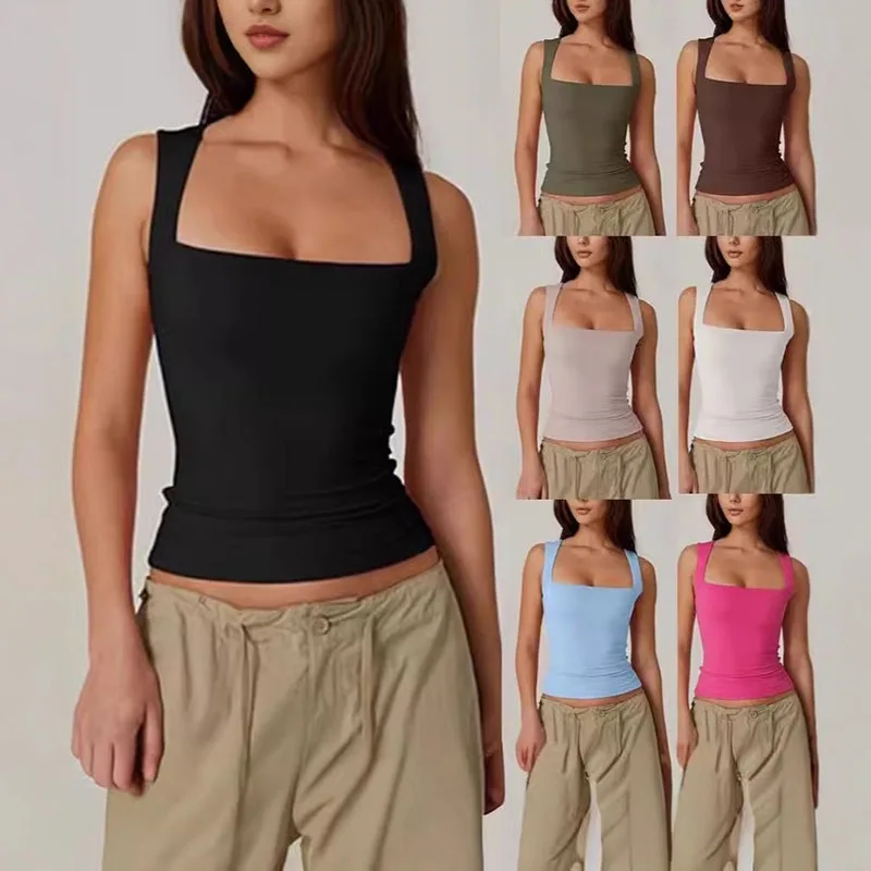Summer Women's Square Neck Sleeveless Double Layer Tank Top Basic Tight T-shirt Y2k Goth Tank Top Women Crop Tops
