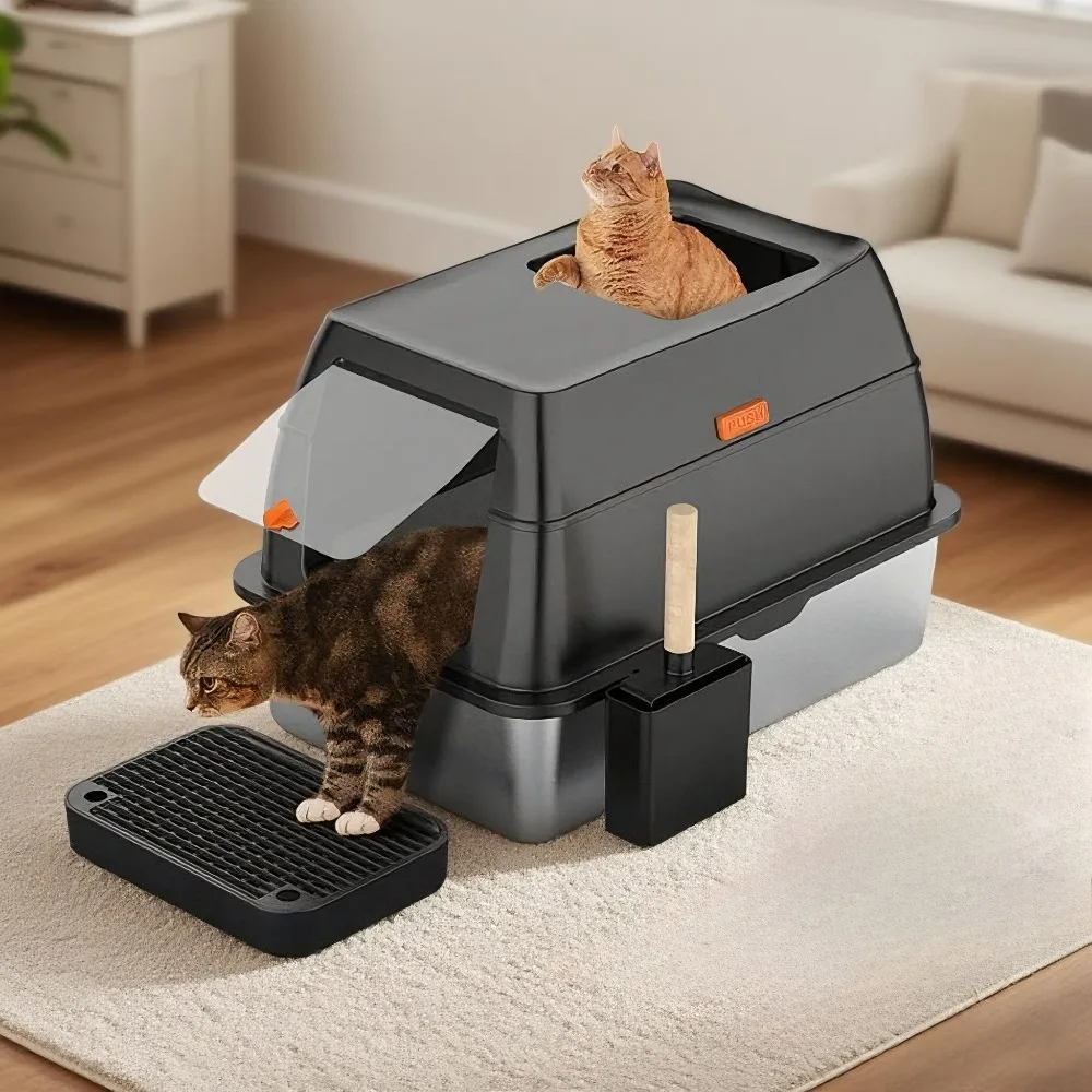 

Cat Litter Box Fully Enclosed Top in Front Out Oversized Stainless Steel Fully Enclosed Deodorization Splash Proof Cat Toilet