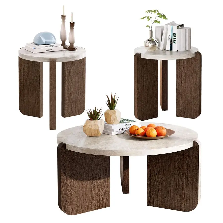 Coffee Table and End Table Sets, Round Marble Modern 3Piece Living Room Table Set for Office, Living Room, Apartment, Small Spa