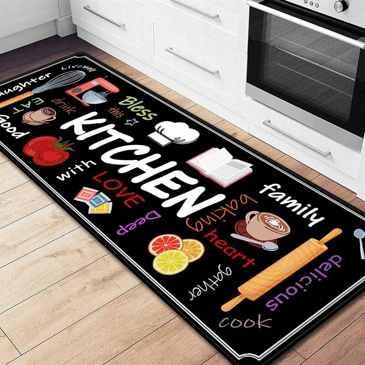 Cute Kitchen Utensils & Words Diatom Mud Kitchen Mat, Super Absorbent Quick-Dry Non-Slip Stain Resistant Long Floor Mat
