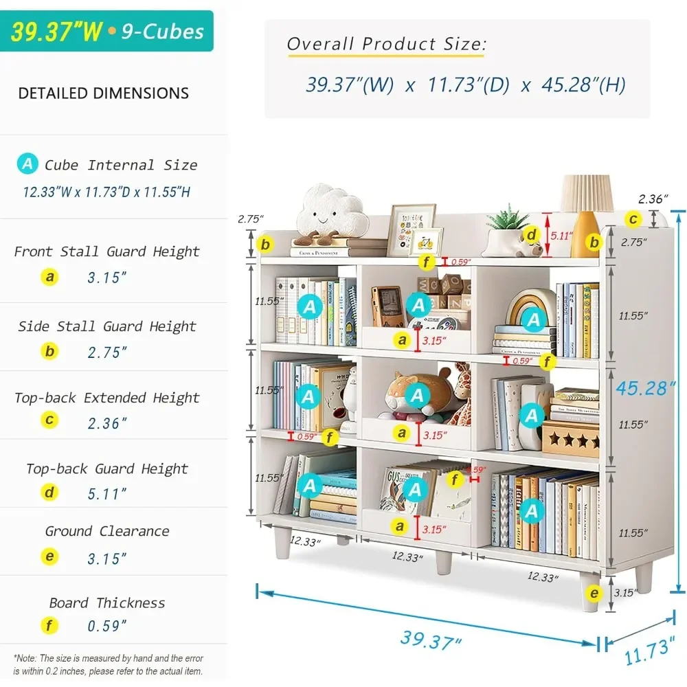 3-Tier Open Shelf Storage Cabinet Organizer for Kids: 9-Cube Lattice Cute Cubby Bookshelf in Pearl for Books and Toys