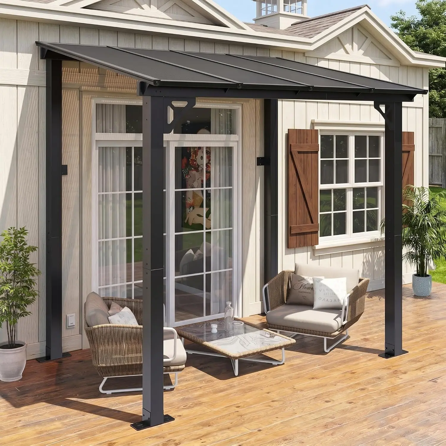 8ft x 5ft Premium Pergola with Aluminum Top Frame & Polycarbonate Panel, Wall Mounted Gazebo, Outdoor Patio Lean to Gazebo