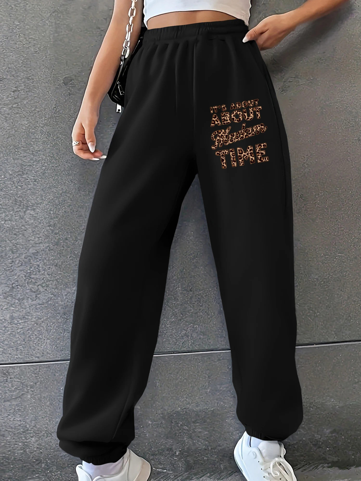 

Leopard Print It's About Time Letter Women Jogger Pants Elastic High Waist Loose Casual Side Pocket Sports Sweat Trousers