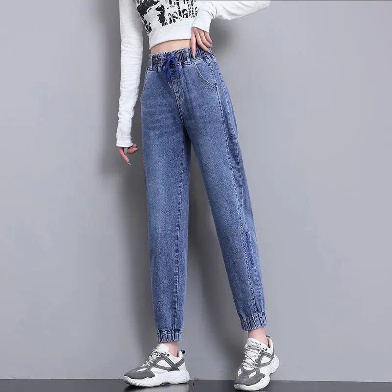 Trendy Women\'s Jeans for Spring and Autumn, Elastic Waist Straight Ankle Tied Pants with Slimming Effect Baggy Cargo Pants Women