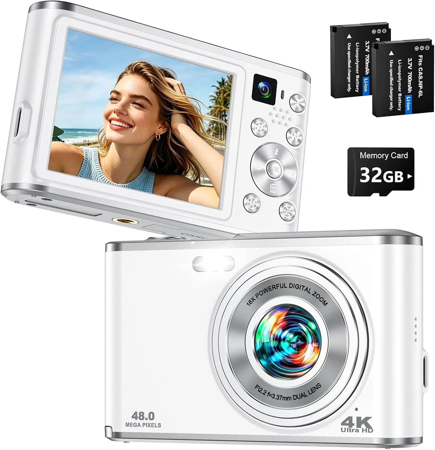 4K Digital Camera for Vlogging and Photography, 48MP Autofocus Compact Digital Camera with Dual Selfie Lens, 16X Zoom Portable Vlogging Camera for Beginner YouTubers, Includes 32GB Card