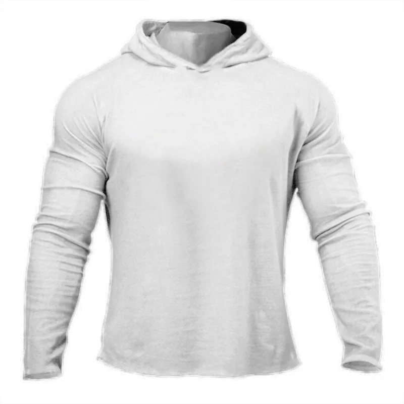 

Plain Mens Hooded T-shirts Spring Autumn Cotton Fitness Long Sleeve Hoodies Breathable Workout Gym Clothing Sports Muscle Shirt