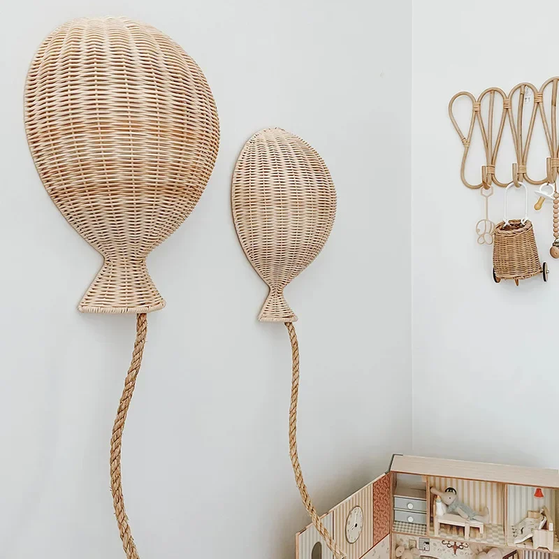 Nordic Rattan Balloon Wall Decor Handwoven Hanging Ornament for Kids Room Natural Nursery Wall Art Minimalist Bedroom Pendant