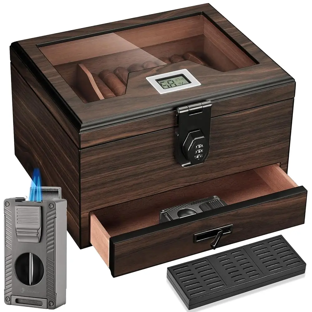 

Cigar Humidor and Cigar Lighter Kit, Cedar Wood Cigar Case with Digital Hygrometer and Combo Lock, Multi-Function All-in-1 Bu