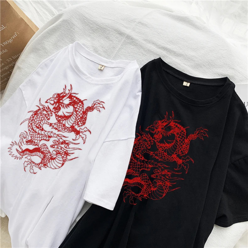 Womens T-shirt Harajuku Y2K Street Tops Harajuku Dragon Gothic Myth Print Short Sleeve Clothes Fashion Loose Oversized T-shirt