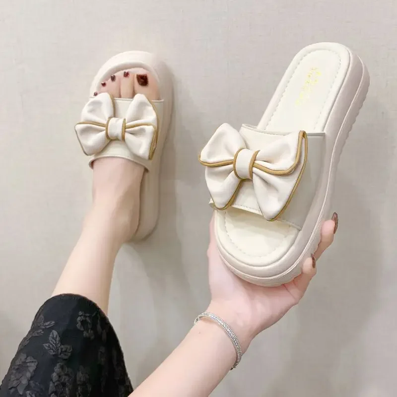 Sandals Height Open Toe with Bow on Word Woman Slippers House Shoes for Women Home Outside Thick Slides Indoor Off White Normal