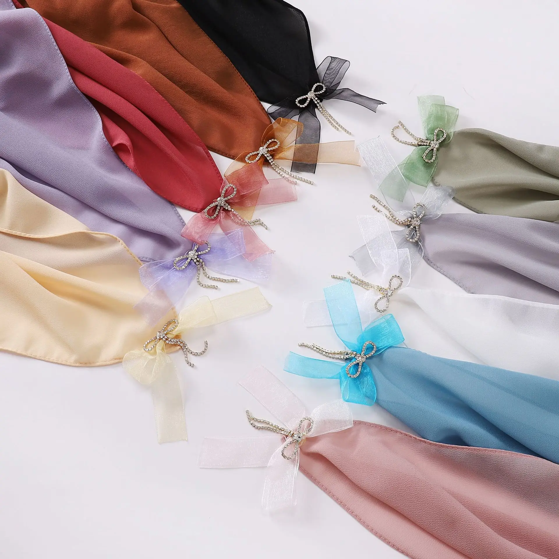 Luxury Diamonds Bow Pearl Chiffon Square Scarf 90*90cm Headscarf Turban Muslim Hijab Women Head Wrap Shawls Kerchief Headband