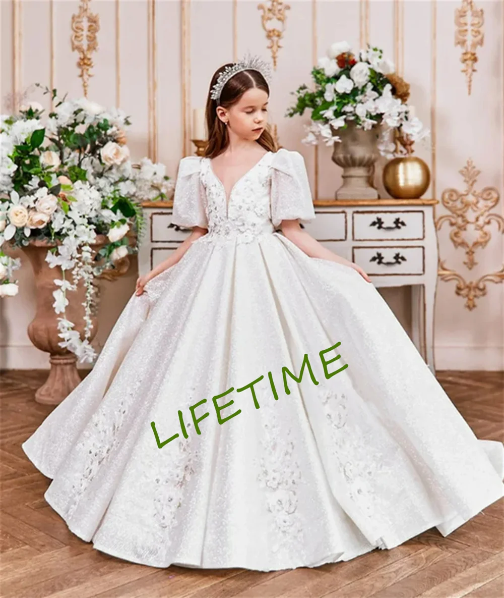 Glitter Flower Girl Dress For Wedding Short Sleeve Applique V-Neck Floor Length Birthday Party First Communion Ball Gowns