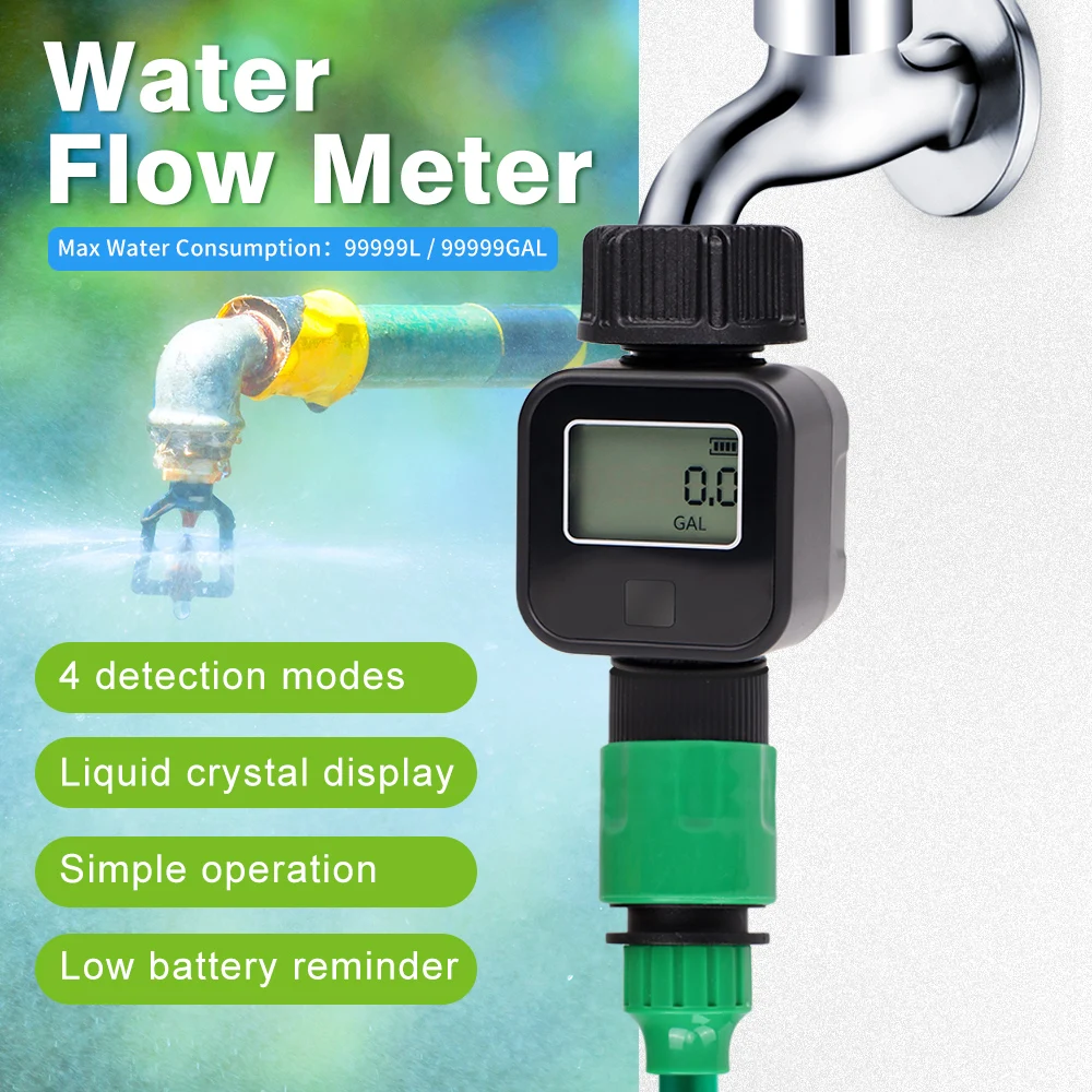 LCD Display Multifunctional Water Flow Meter IP6X Measure Water Consumption and Flow Rate for Outdoor Garden Irrigation