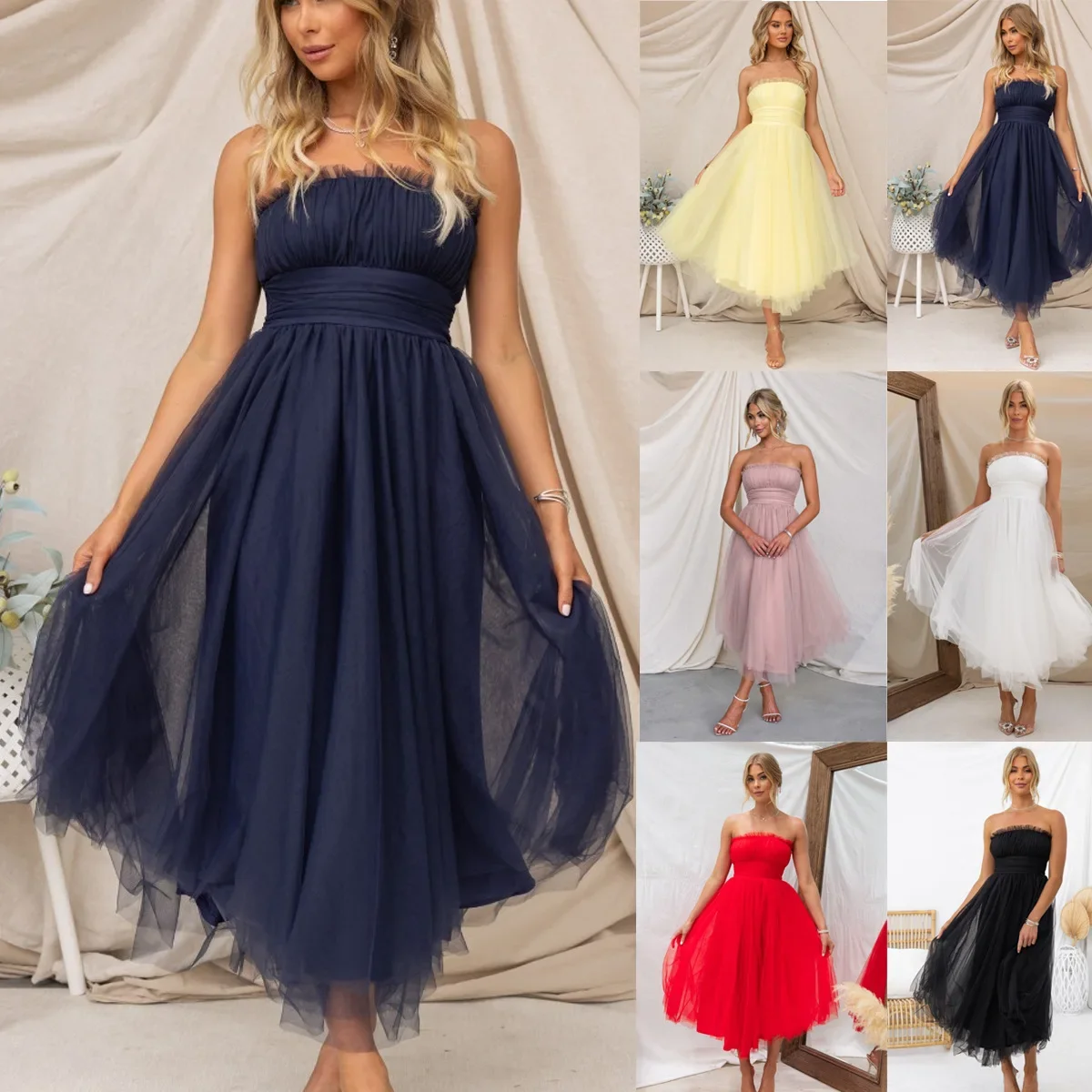 Nieuwe strapless mesh jurk casual dames mouwloze lente zomer dames multi-color feestjurk hoge taille sexy