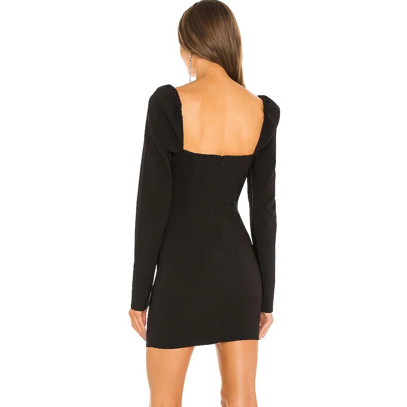 فستان قصير أسود مثير جديد مع رقبة مربعة وفتحة أمامية - أكمام طويلة منتفخة، فستان حفلات الخريف بحاشية غير منتظمة