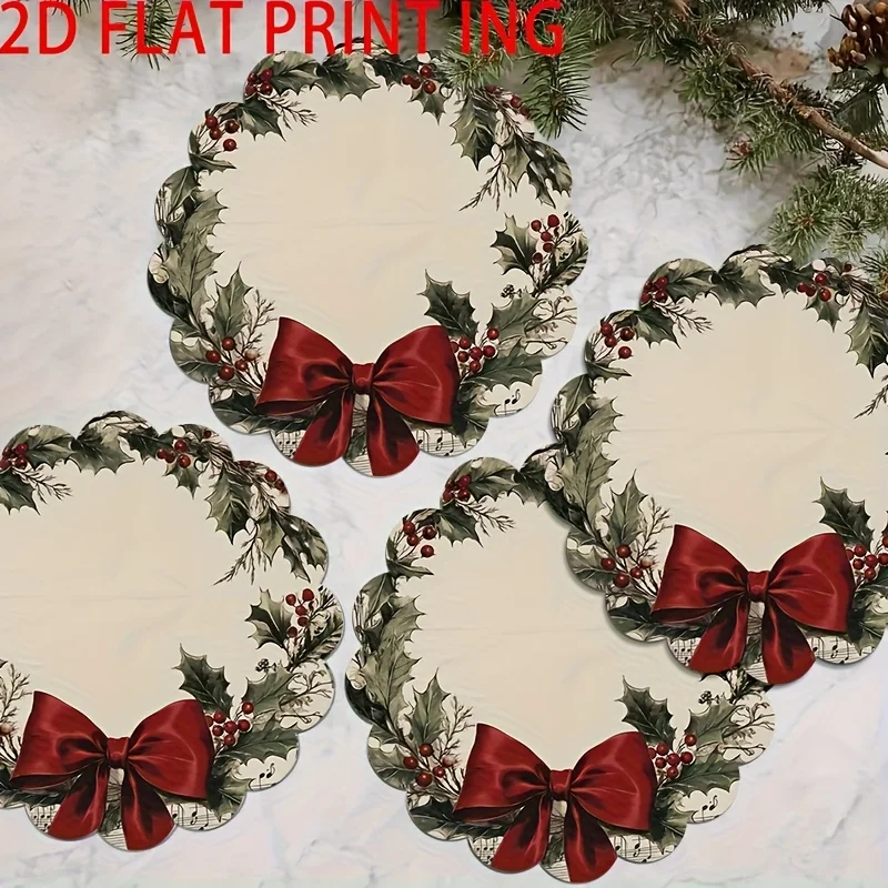 Round Scalloped Christmas Placemats Holly Bow Linen Mats Non-Slip Wipe Clean for Elegant Xmas Dining Table Decor