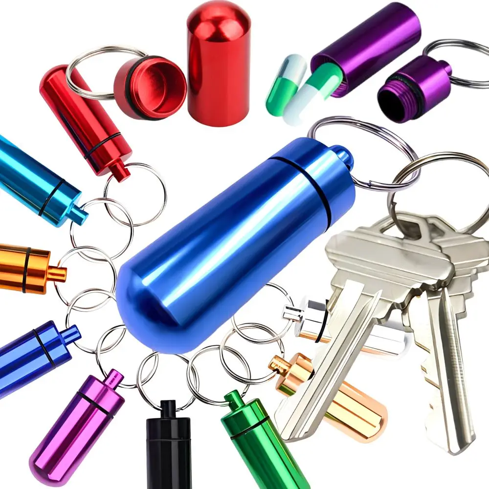 1pc Waterproof Aluminum Alloy Pill Case Keychain for Vitamins, Fish Oil, Camping Travel Medication Carry Accessory YMY