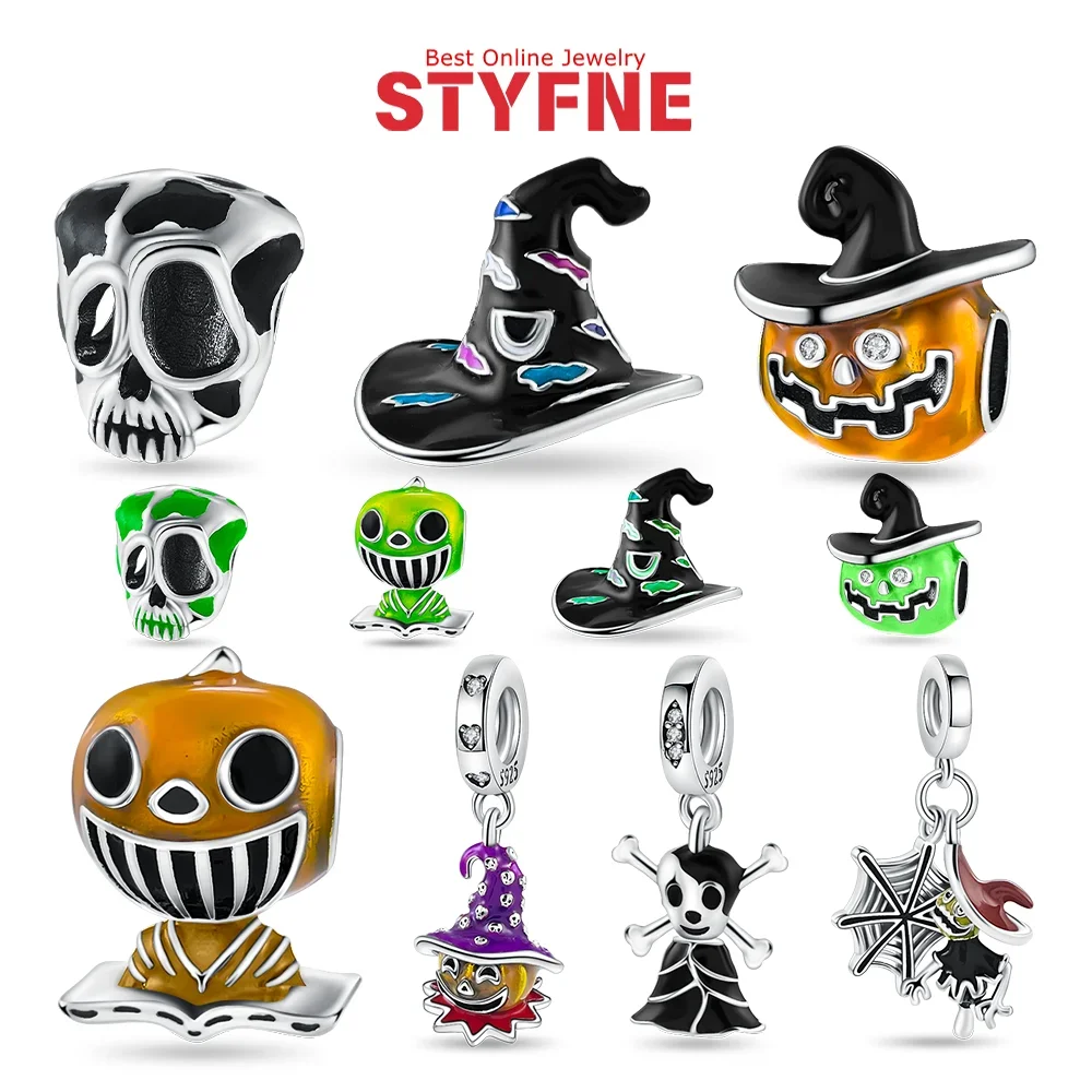

925 Silver Charms Halloween Luminous Beads Skull Magic Hat Pumpkin Pendant Fit Original Bracelet Fashion Jewerly Exquisite Gift
