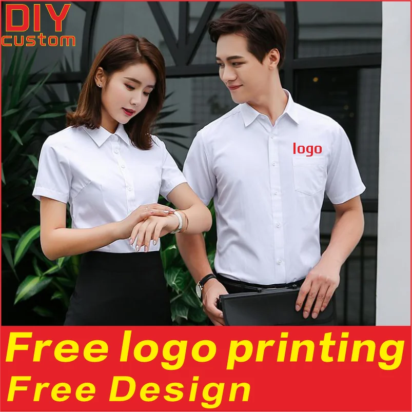 Camisas de negócios masculinas e femininas de algodão, camisetas, roupas profissionais, design de roupas de trabalho, impressão, logotipo bordado