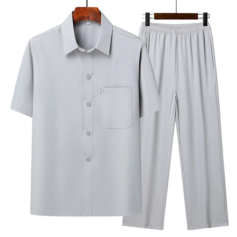 

(Top + Pants) Casual Old Dad Men's Fashion Trend Comfortable Breathable Tang Suit Chinese Style Grandpa Loose Lapel Suit