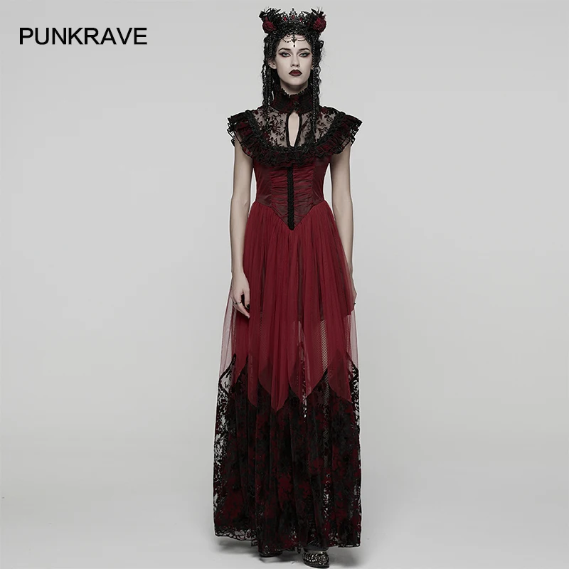 PUNK RAVE Women's Gothic Perspective Velvet Flocking Flying Sleeve Dress Layered Collar Elegant Charm Party Long Dresses