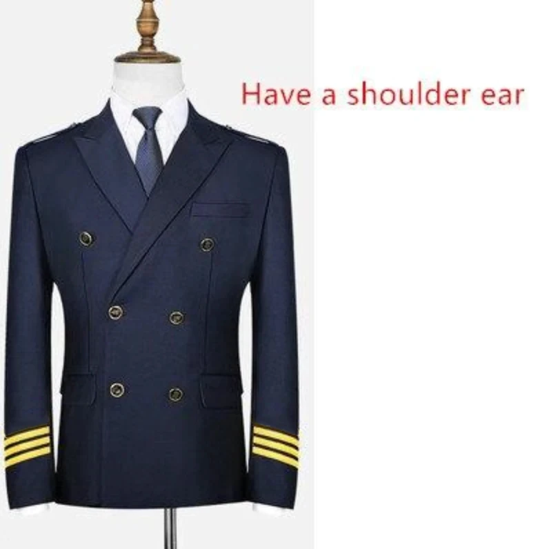 Men\'s 3 Lines Airline Pilot Suit Jackets Uniforms Hair Stylist Black Navy Blue Suit Coat Workwear Big Size Male