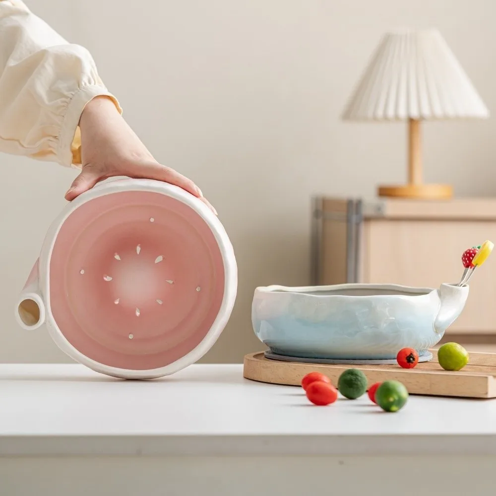 Ceramic Berry Swirl Bowl Automatic Rotating 360° Vortex Berry Colander Bowl Drainage Hole Self Spinning Berry Washing Bowl