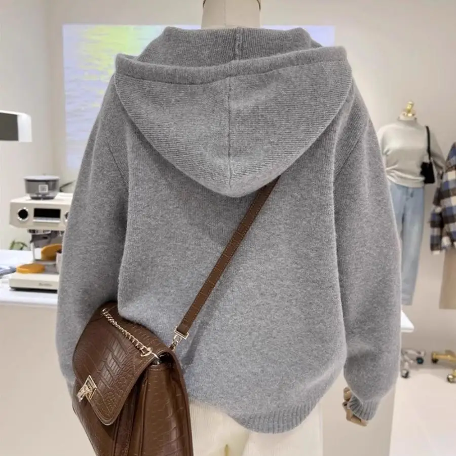 الخريف الشتاء بسيط التطريز القلب فضفاض النسخة الكورية سميكة الدافئة سستة سترة مقنعين محبوك سترة المرأة معطف الاتجاه #2