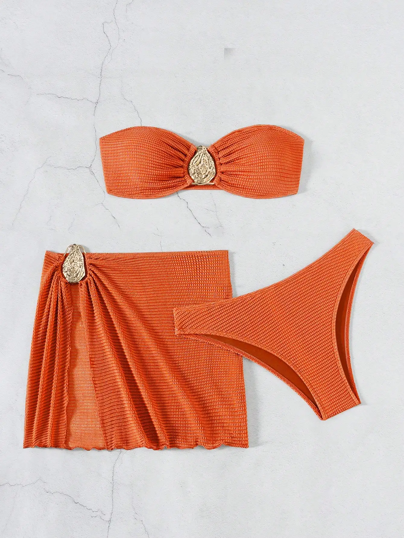 

Orange Textured 3-Piece Bandeau Bikini Set With Gold Pendant For Women Summer Beachwear Vacation Swimwear