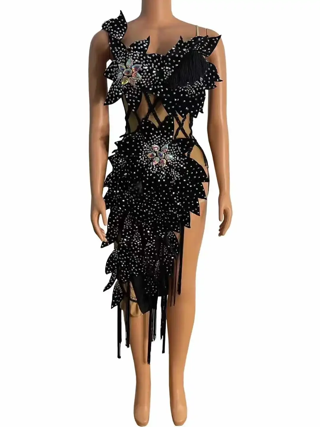 

Black Backless Rhinestone Long Dress For Women Night Club Celebrate Photography Photo Shoot Props Drag Queen Costume Goddess