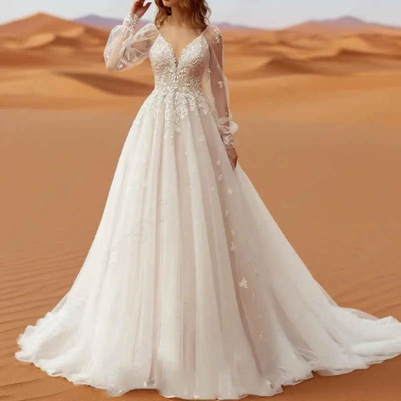 

Women Puff Sleeves Tulle Bridal Gowns Backless Applique Bride Dress Plus Size A-Line Lace Wedding Dress Customized ﻿