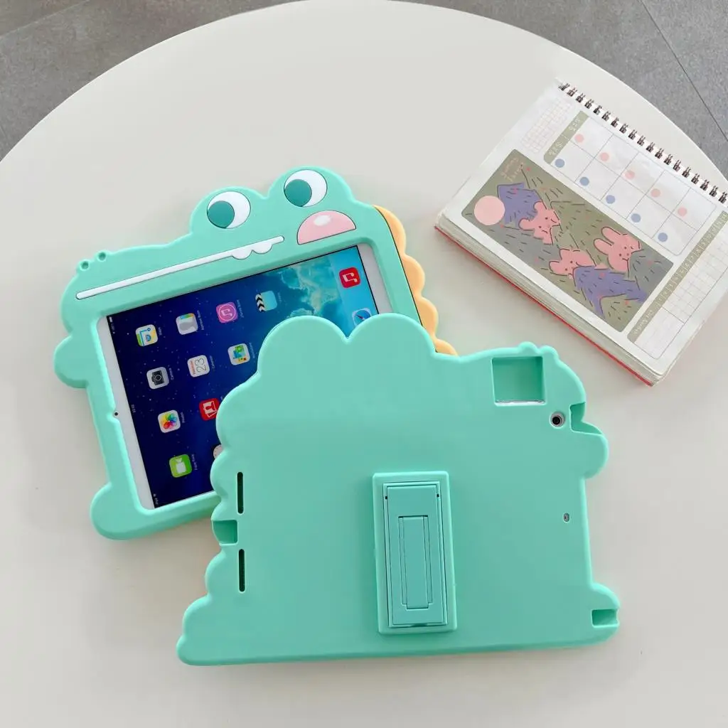 Silicon Stand Handle Case For iPad 10.2 9th 8th 7th Mini 1 2 3 4 5 Pro 9.7 Air1 2 Cute Cartoon Dinosaur Cover Stand Table Case