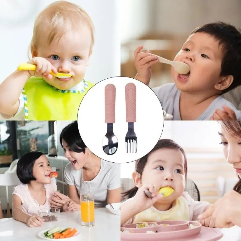 

2pcs Spoon Fork с силиконом, удерживающим, научившись есть столовые малышные посуды P31B