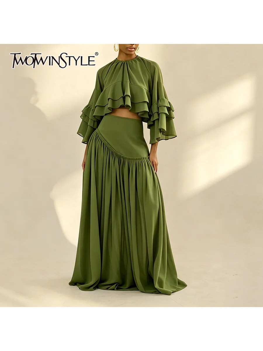 TWOTWINSTYLE Ruffled Spliced Sheer Loose Two Piece Set for Women Round Collar Flare Sleeve Top High Waist Maxi Skirt Sets Female
