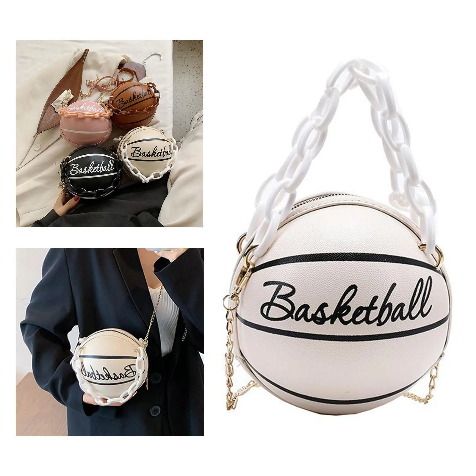 Small Basketball Shaped Handbags with Chain PU Leather Round Graphic Tote for Vacation Ladies Gift Shopping Beach