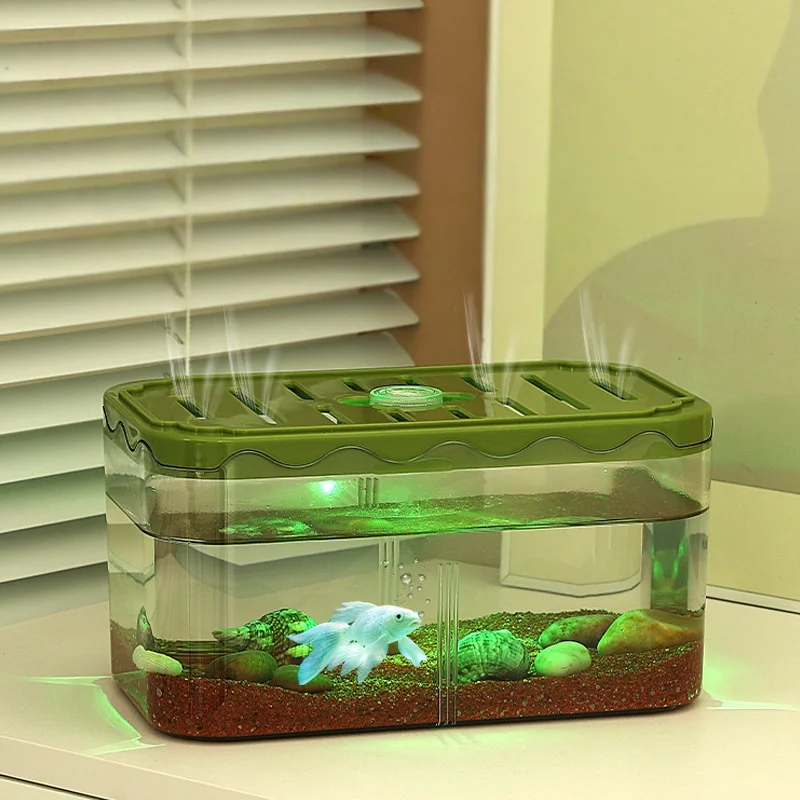 Pecera Pequeña con Luces, Recipiente para Peces Ornamentales, Globo Ecológico de Escritorio, Cubeta de Plástico Resistente a Caídas con Partición