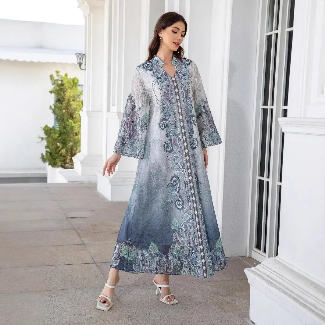 중동 크로스보더 무슬림 여성 로브 자수 천 프린팅 핫 다이아몬드 여성 드레스 아바야