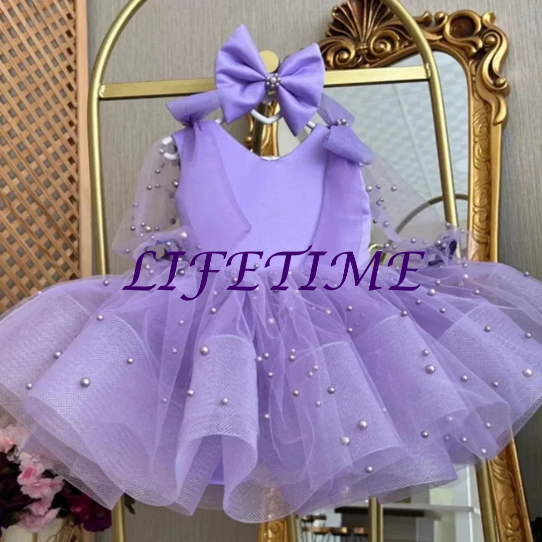 Customized Lavender Flower Girl Dress For Wedding Pearls With Bow Knee Length Little Girl Birthday Party Photo Shoot Ball Gown