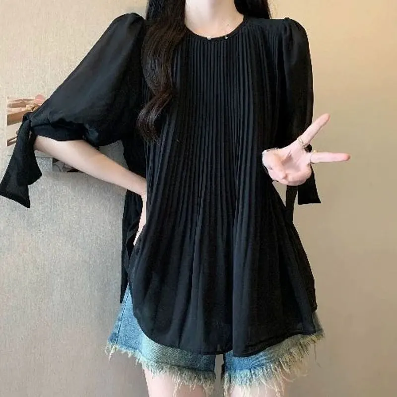 Casual 3/4 Sleeve Drawstring Shirt Women\'s Clothing Solid Color All-match 2024 Summer Fashion Pleated Korean Round Neck Blouse