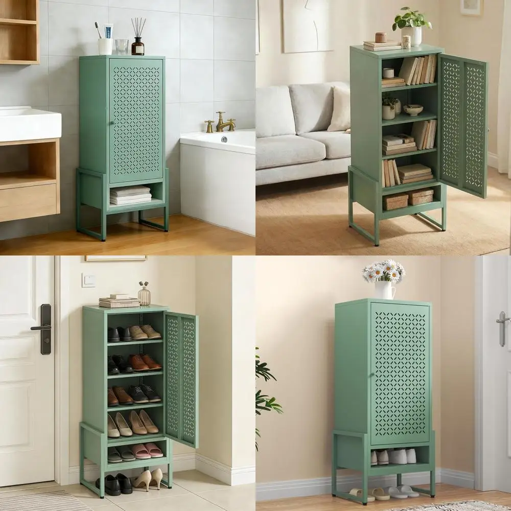 

Зеленый высокий (128 см) напольный шкаф для обуви с дверцами и регулируемыми полками для домашней организации