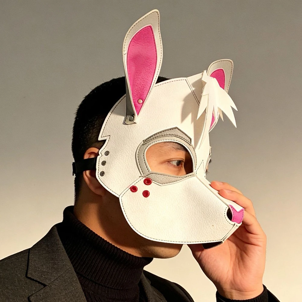 Punk Rabbit Mask White Bunny Pattern PU Leather Adult Animal Face Mask Fursuit Halloween Masquerade Cosplay Party Costume Prop view 4