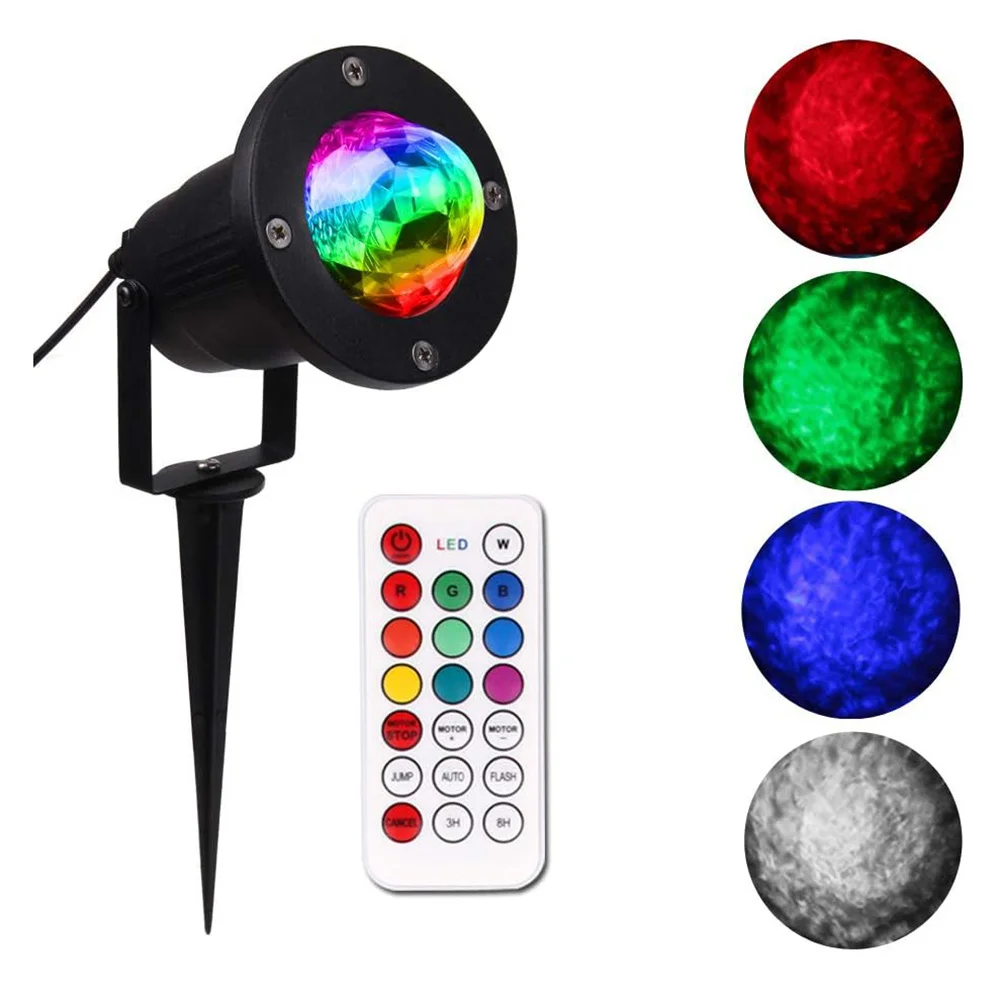 Proyector de luz de jardín impermeable LED Ripple RGBW 10 colores efecto de agua o efecto de fuego de llama con control remoto para fiesta, vacaciones