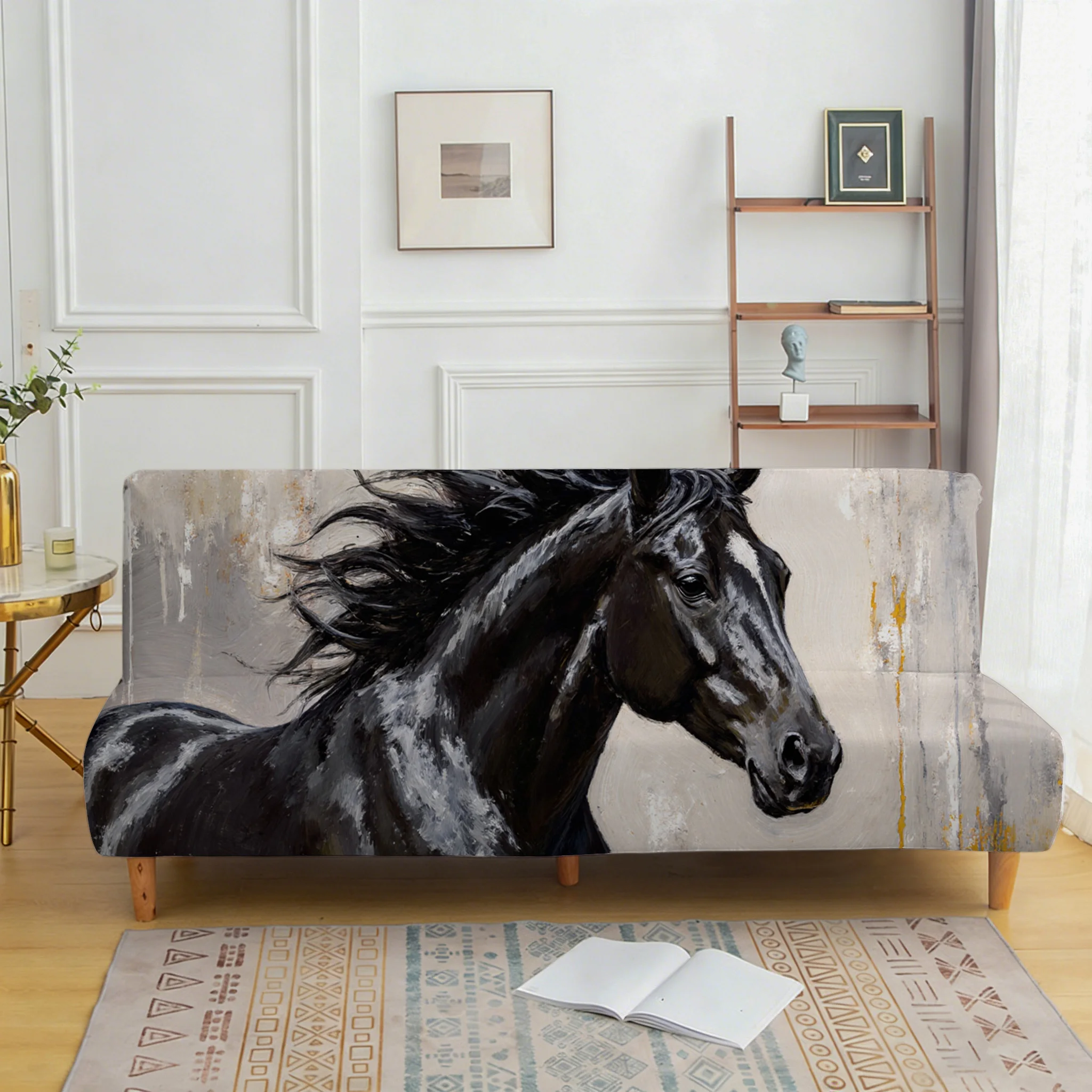 Domineering Dark Horse Sofa Bed Cover, Armrestless Elastic Sofa Cover, Dustproof and Non-Slip Furniture Protective Cover
