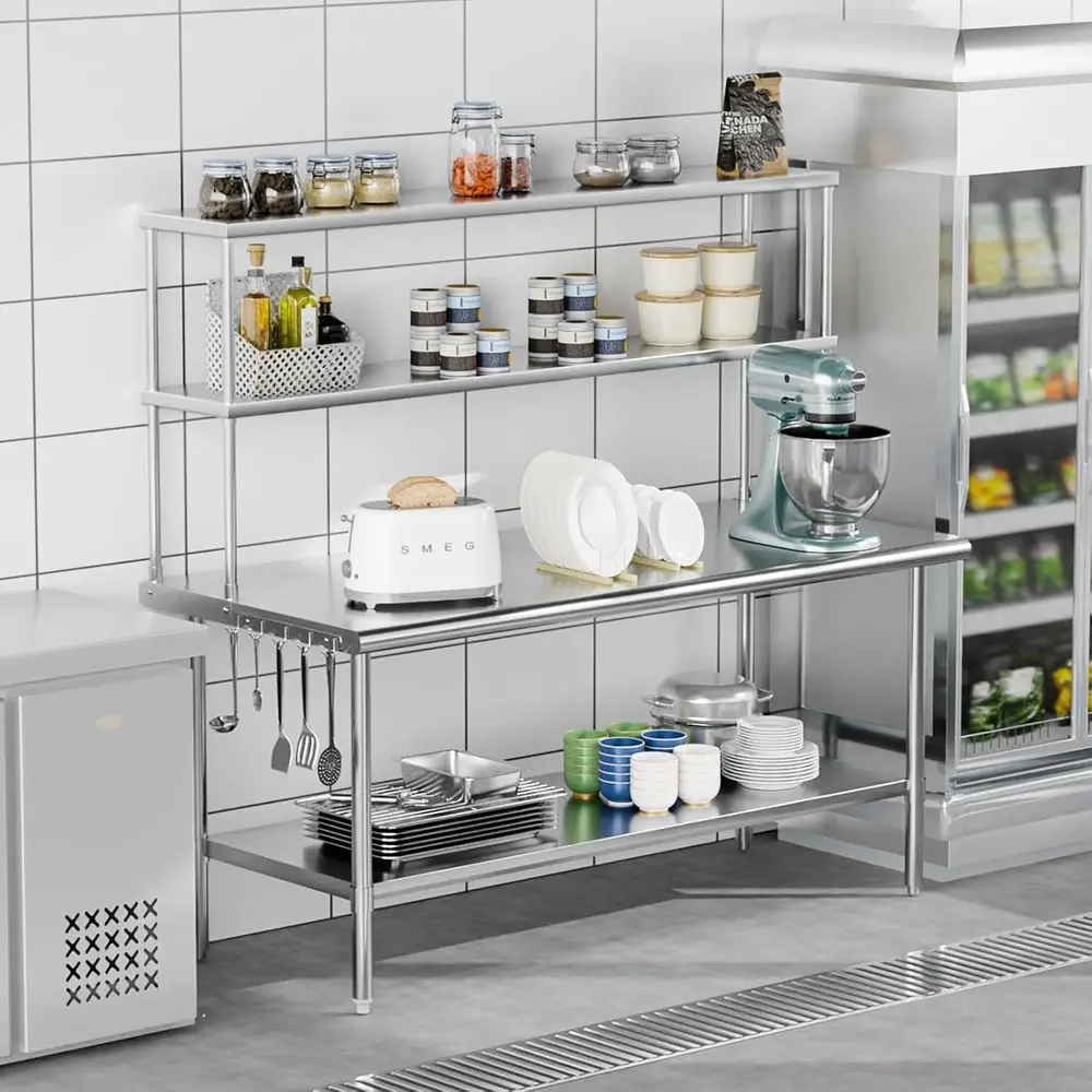 

StainlSteel Table with Overshelves 72" X 30", NS Commercial Heavy Duty with Adjustable Undershel & Detachable Hooks, Metal Prep