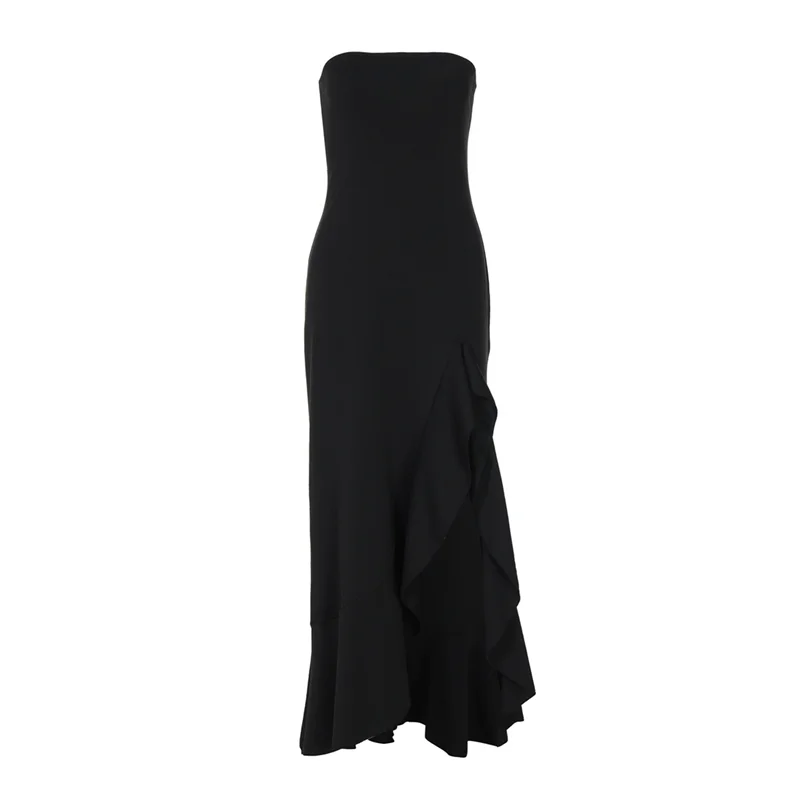 ABRT-여성용 Strapless Backless High Split Long Dress Ruched Off 숄더 민소매 Bodycon 파티 드레스