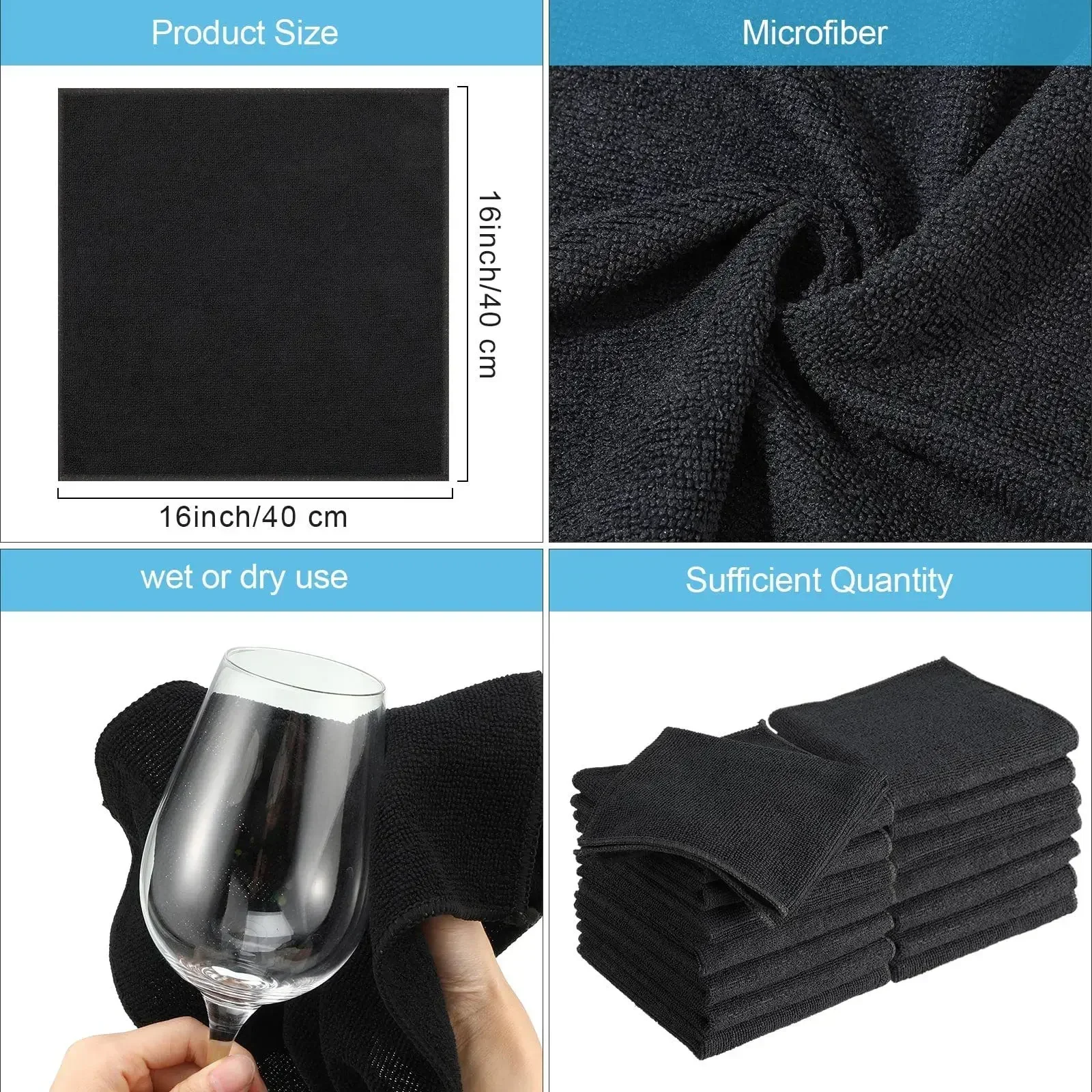 4PCS Microfiber BlackTowels set Thick soft absorbent for home hotel salon Hair Kitchen rag car wash black Multi-purpose towel