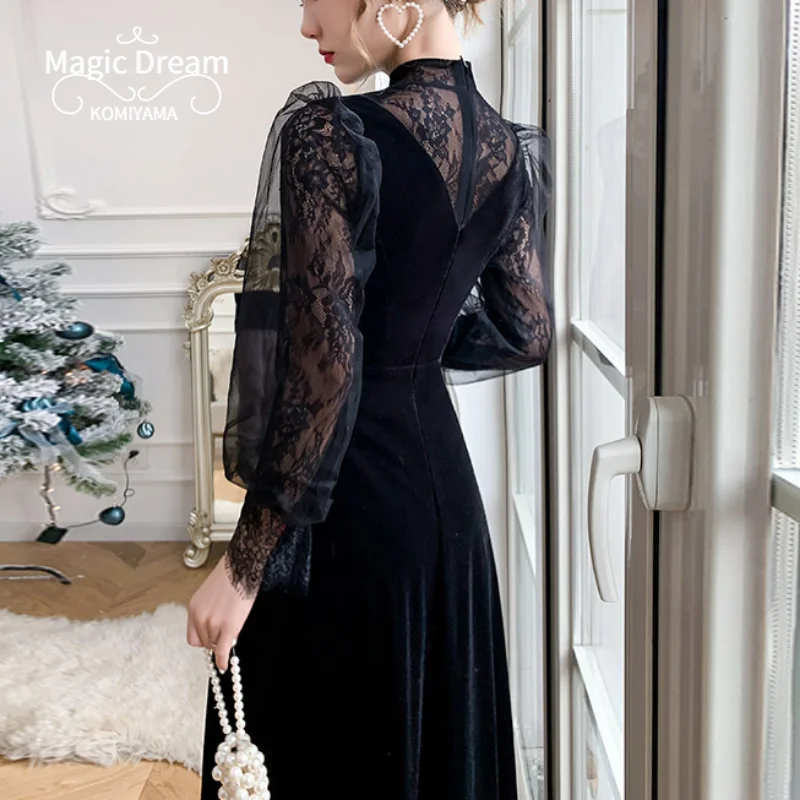 Customized Customized Black Mesh Patchwork Design Long Sleeve Velvet Evening Dress O-neck Simple Elegant Temperament Prom Dresse